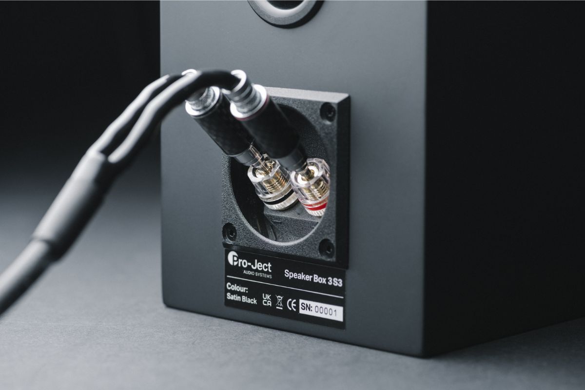 Rückseite eines Pro-Ject Speaker Box 3S3 Lautsprechers mit angeschlossenen hochwertigen Lautsprecherkabeln.